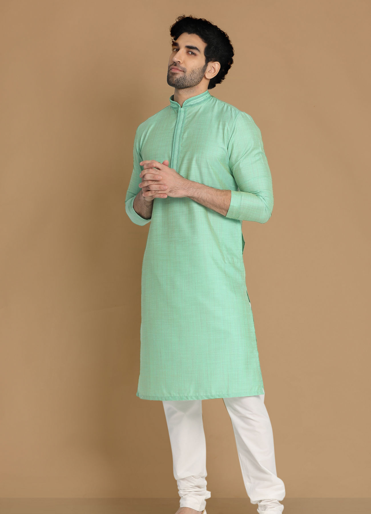 Manyavar Men Plush Light Green Kurta Pajama