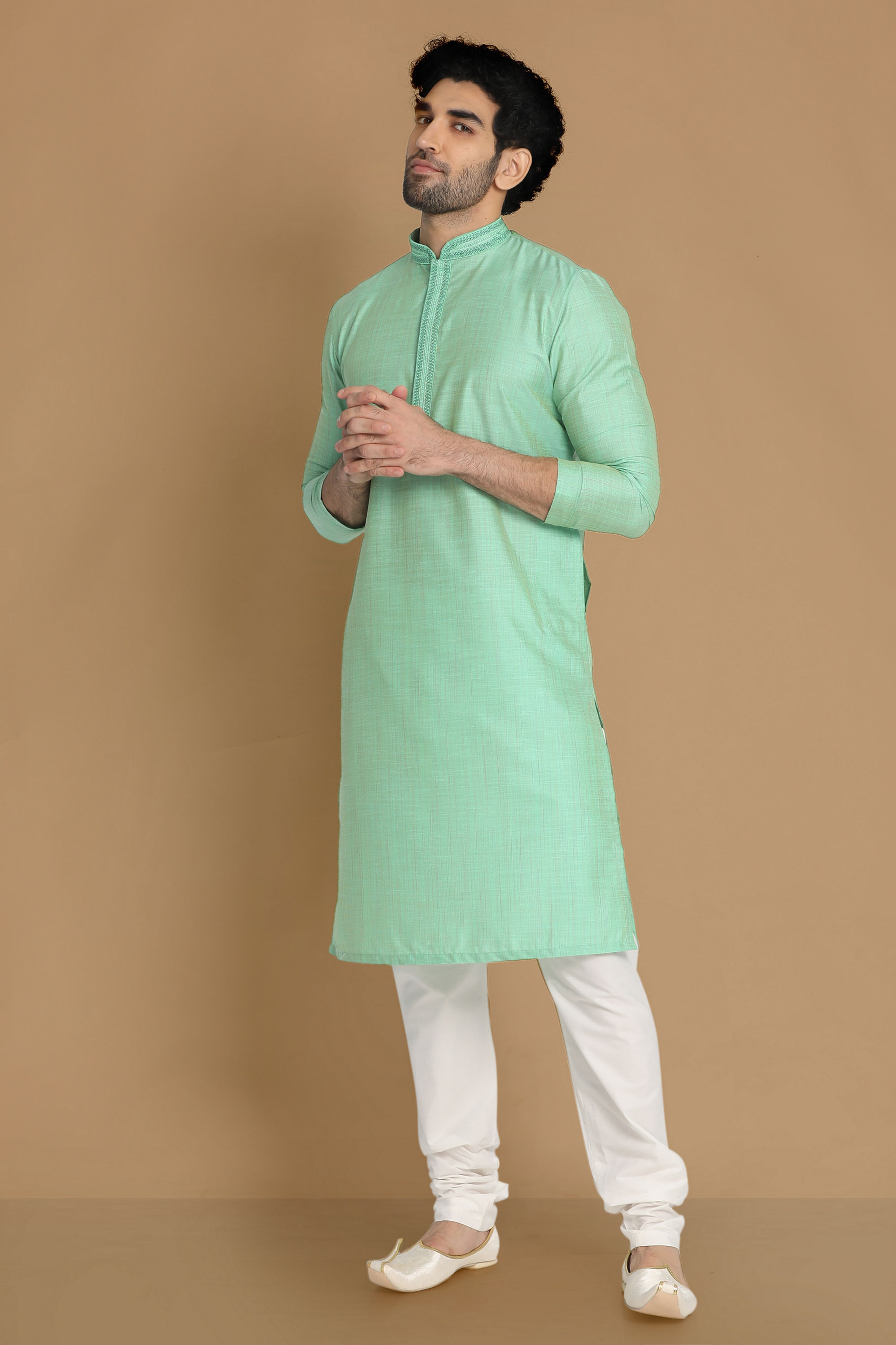 Manyavar Men Plush Light Green Kurta Pajama