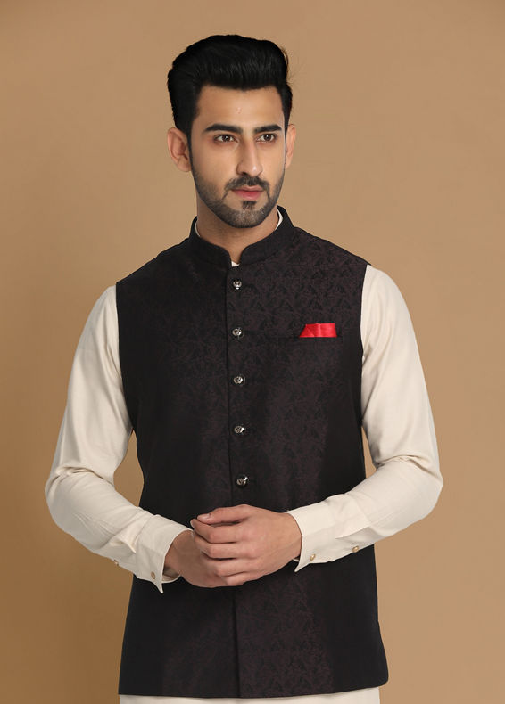 Manyavar Men Wine Red Bandhgala Jacket