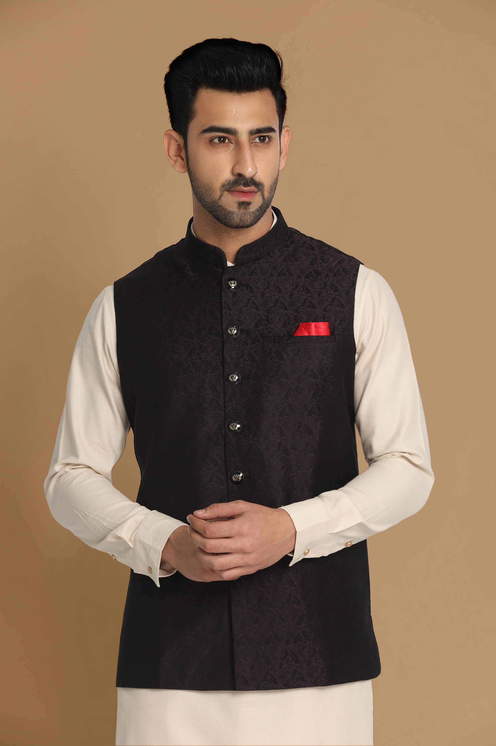 Manyavar Men Wine Red Bandhgala Jacket