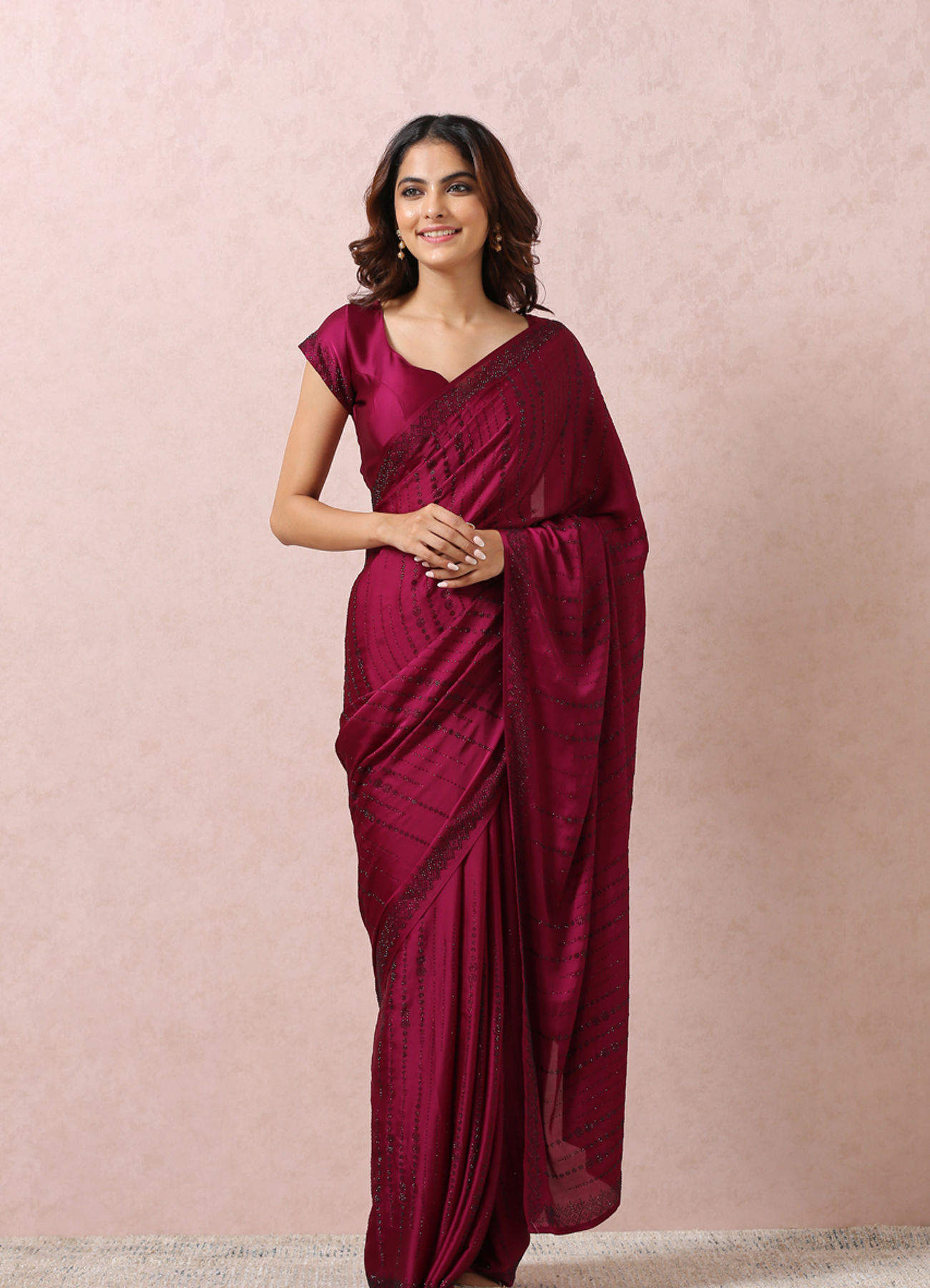 Mohey Women Wine Satin Saree With Stone Embellishment