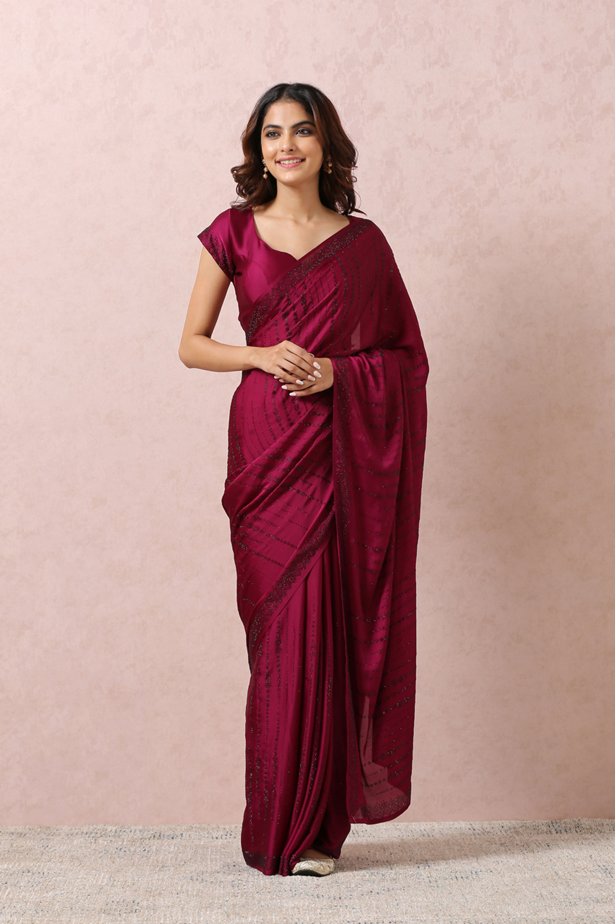 Mohey Women Wine Satin Saree With Stone Embellishment