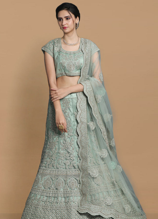 alt message - Mohey Women Pista Net Embroidered Lehenga image number 0