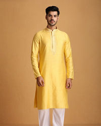 Manyavar Men Lemon Yellow Kurta Set With Collar And Placket Embroidery