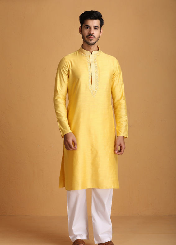 Manyavar Men Lemon Yellow Kurta Set With Collar And Placket Embroidery