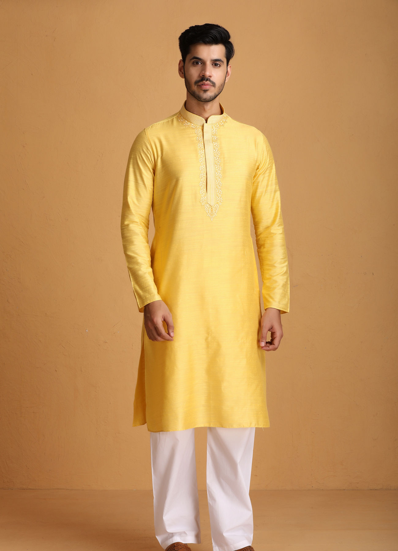 Manyavar Men Lemon Yellow Kurta Set With Collar And Placket Embroidery