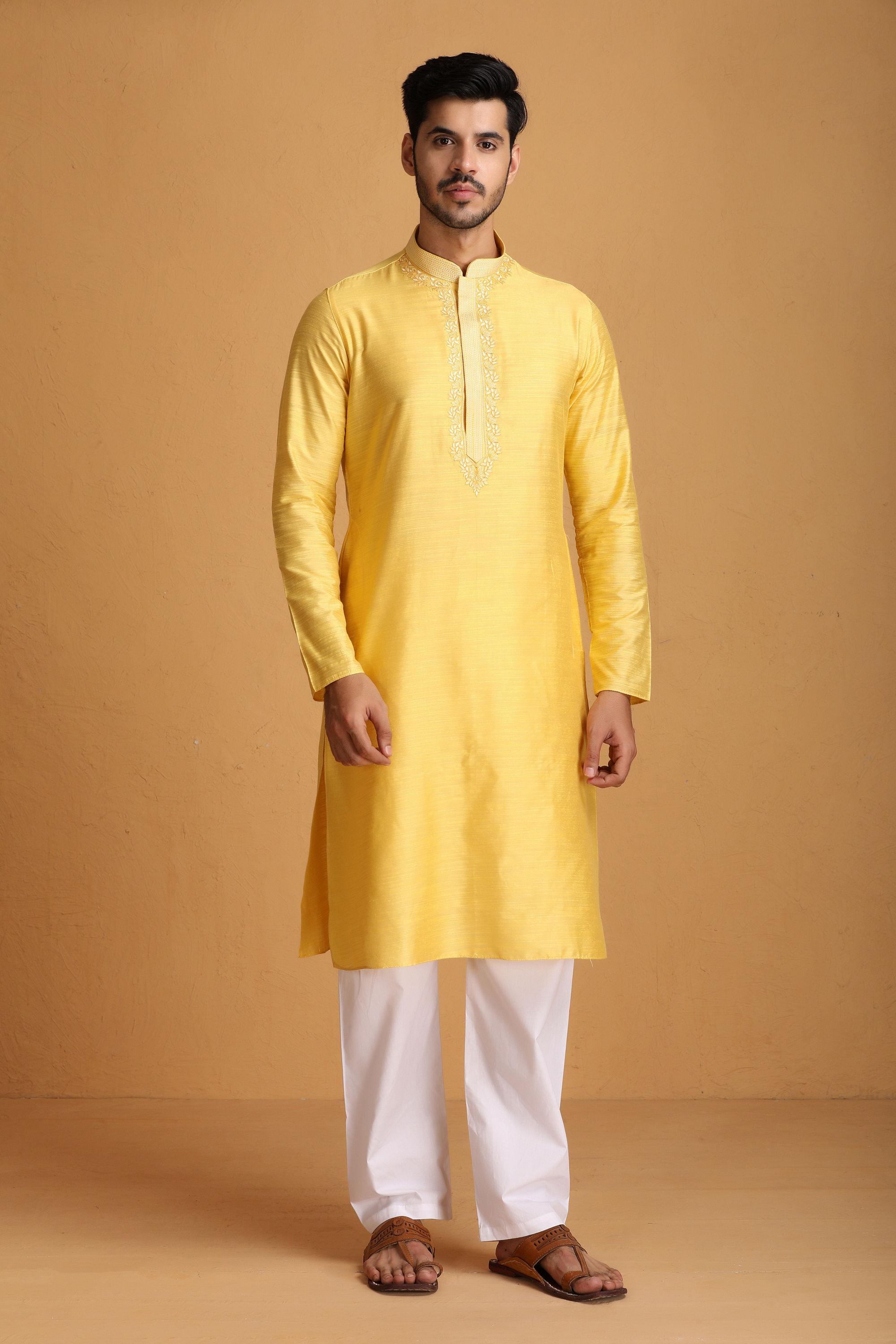 Manyavar Men Lemon Yellow Kurta Set With Collar And Placket Embroidery