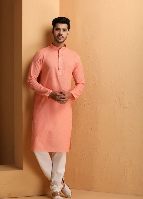 Manyavar Men Rose Pink Self Motif Kurta Set