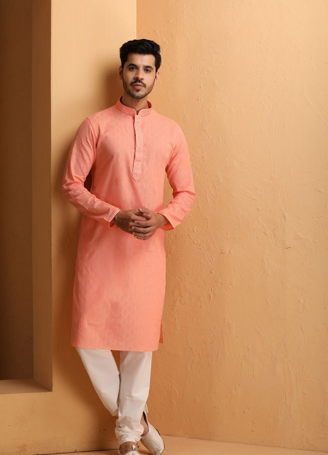 alt message - Manyavar Men Rose Pink Self Motif Kurta Set image number 1