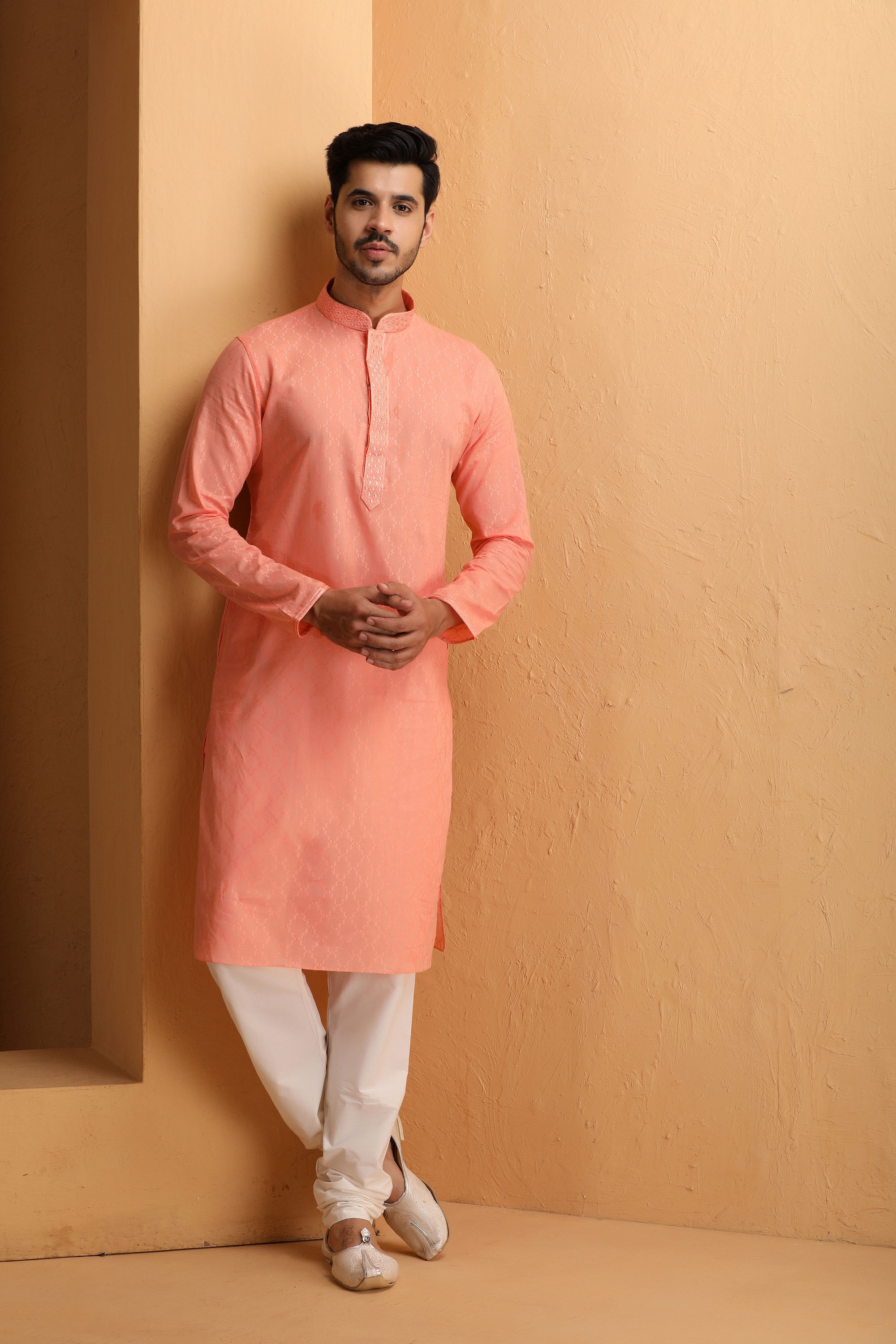 Manyavar Men Rose Pink Self Motif Kurta Set