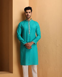 Manyavar Men Sapphire Green Self Design Kurta Set
