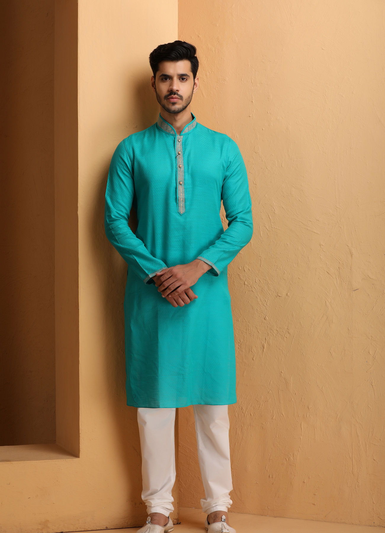 Manyavar Men Sapphire Green Self Design Kurta Set