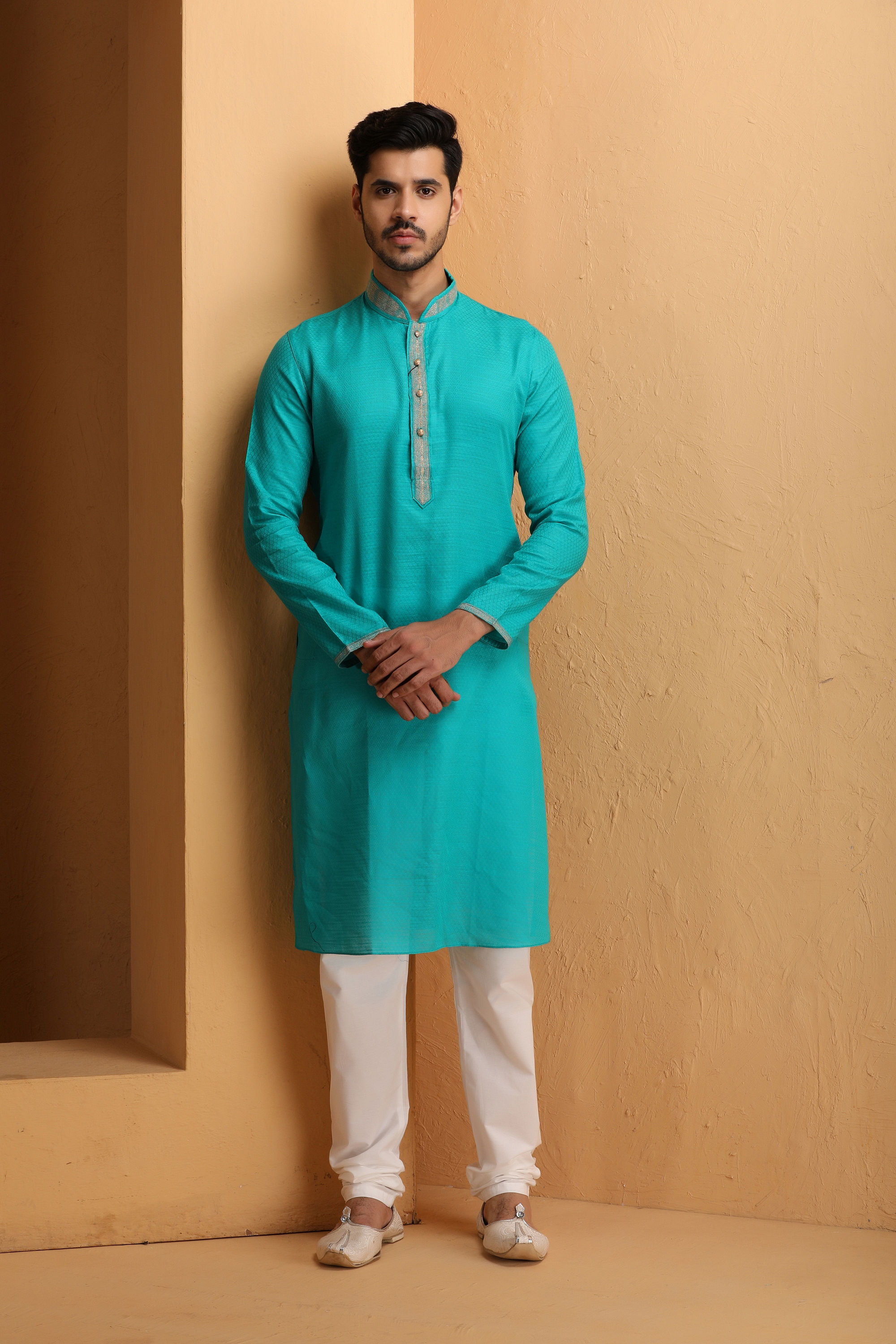Manyavar Men Sapphire Green Self Design Kurta Set