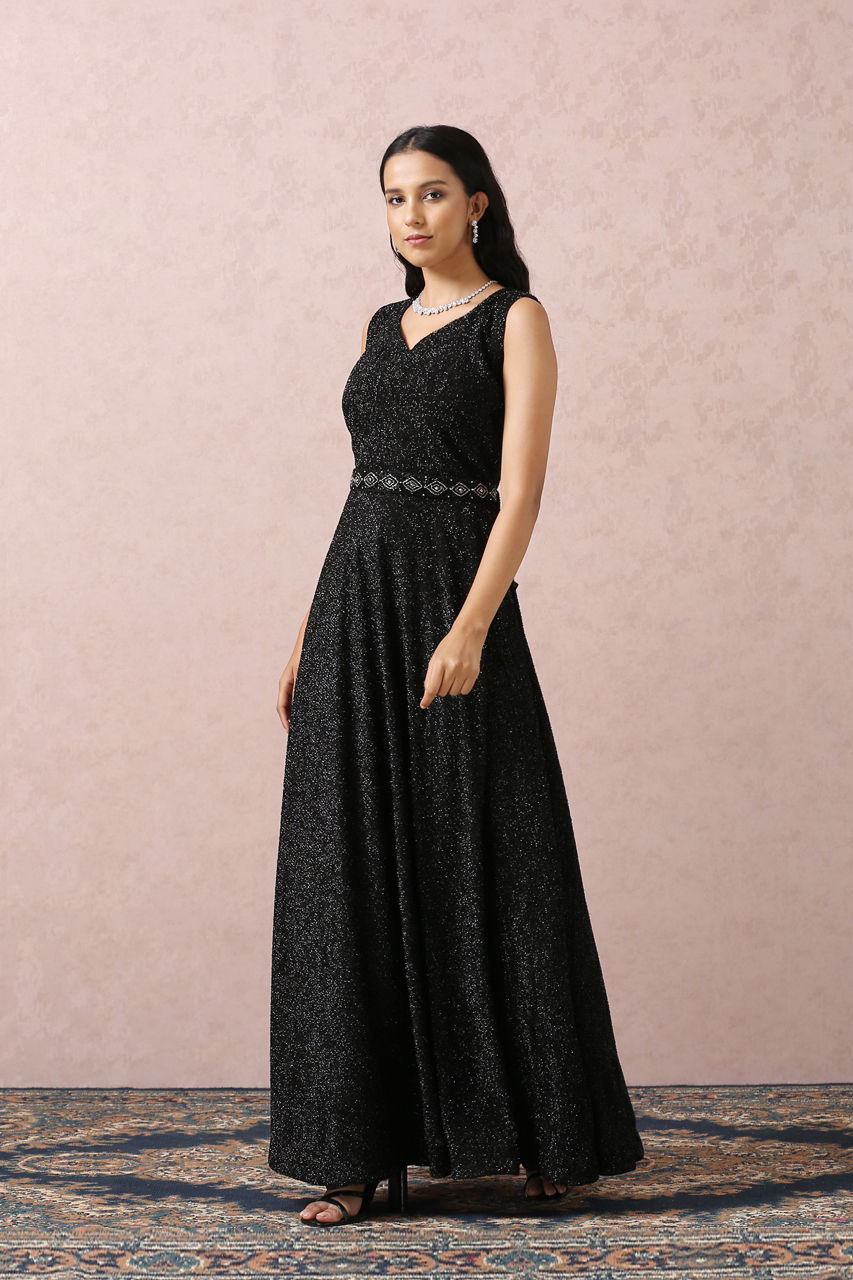 Mohey Women Black Stardust Gown With Belt