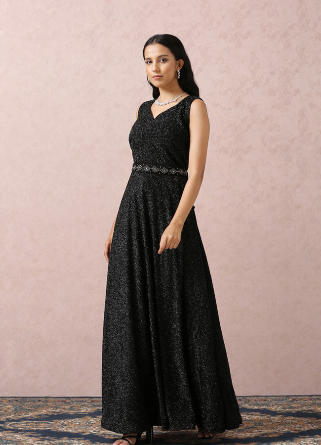 Mohey Women Black Stardust Gown With Belt