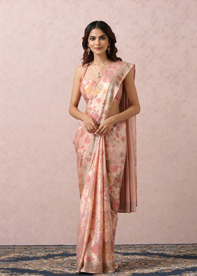 Pink Floral Printed Saree image number 0
