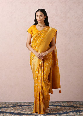 Mustard Yellow Saree With Gold Border image number 0