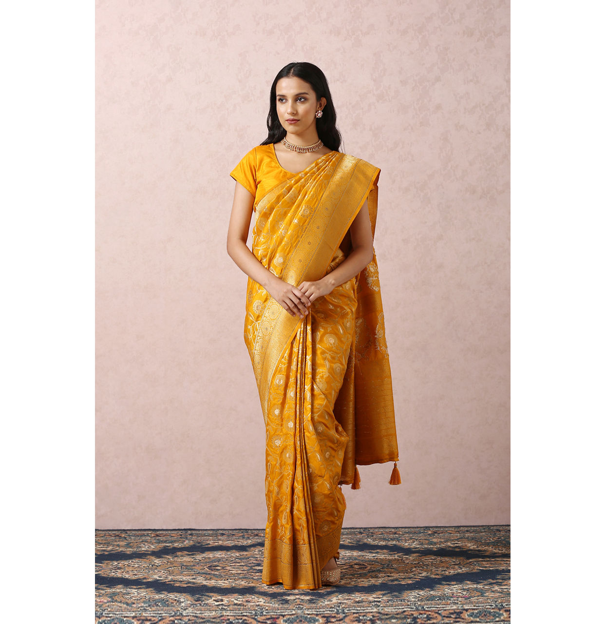 Mustard Yellow Saree With Gold Border image number 0