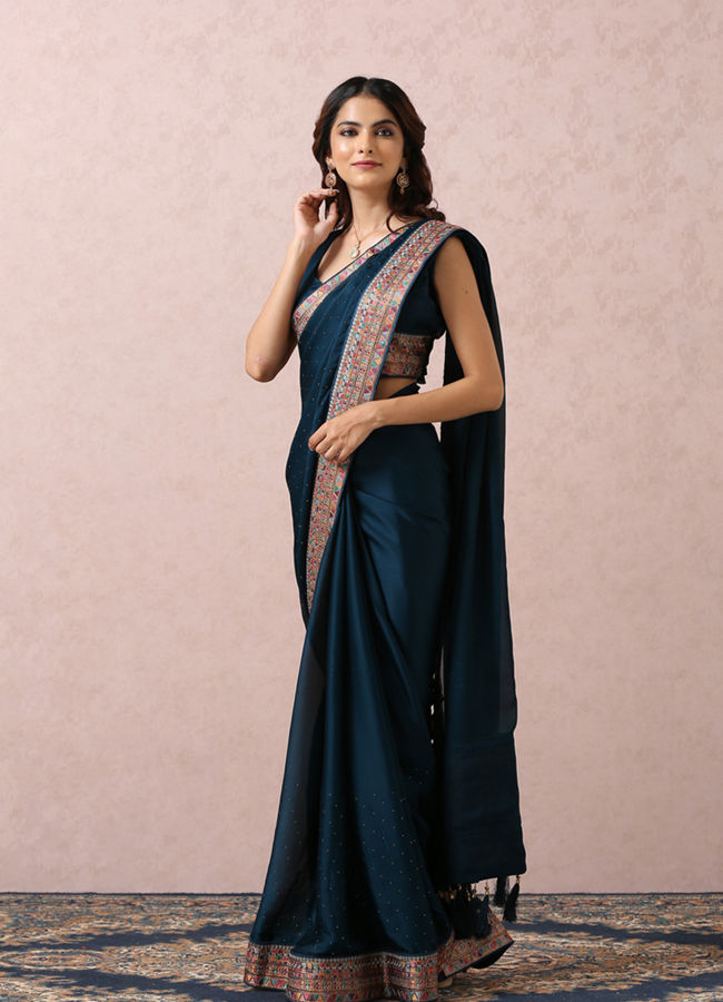 Teal Blue Saree With Multicoloured Border image number 3