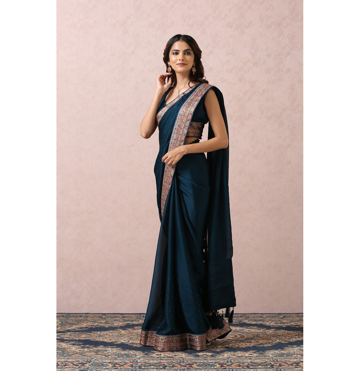 Mohey Women Teal Blue Saree With Multicoloured Border