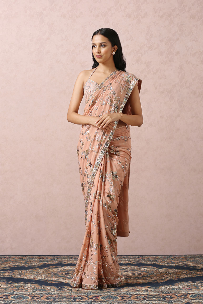Mohey Women Peach Sequins Embroidered Saree
