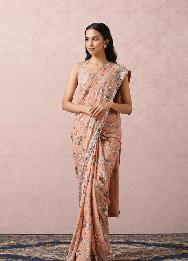 Mohey Women Peach Sequins Embroidered Saree