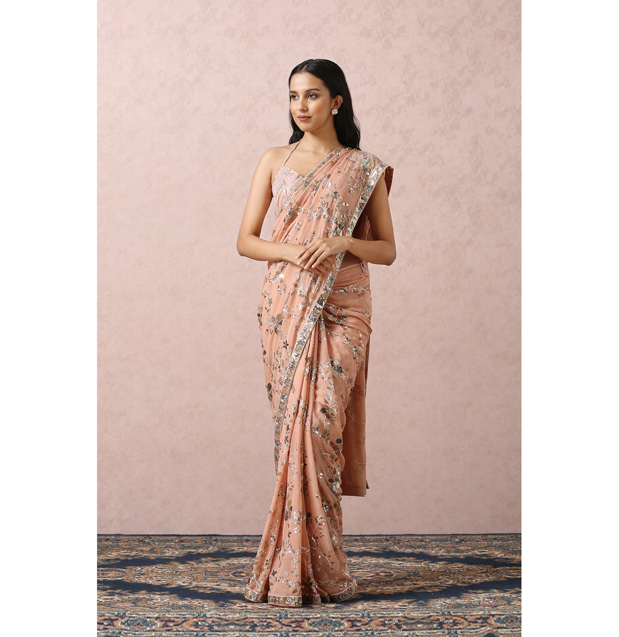 Mohey Women Peach Sequins Embroidered Saree