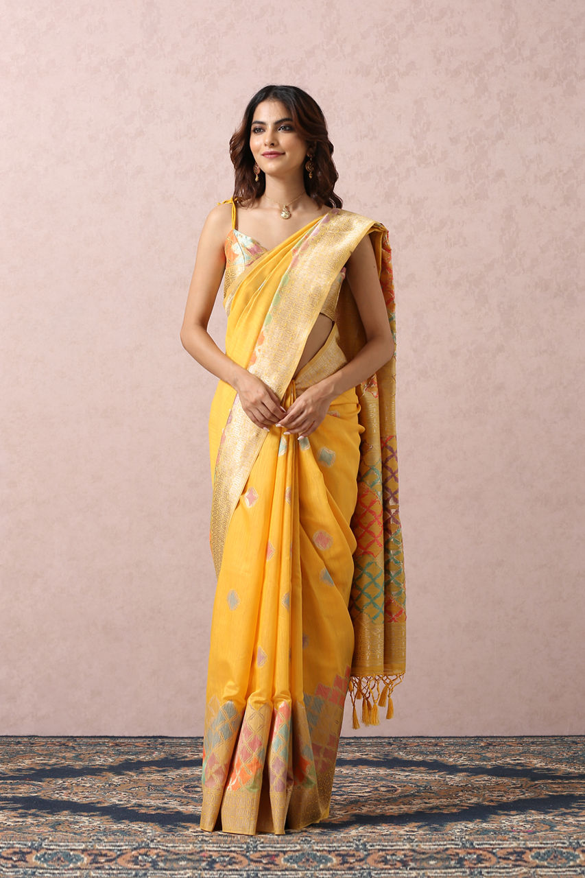 Mohey Women Yellow Art Silk Saree With Multicoloured Self Design