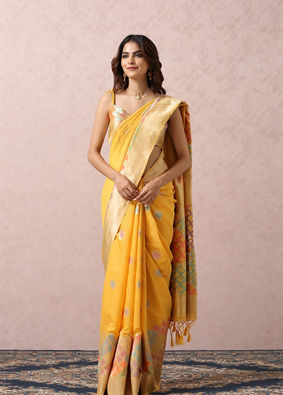 alt message - Mohey Women Yellow Art Silk Saree With Multicoloured Self-Design image number 0