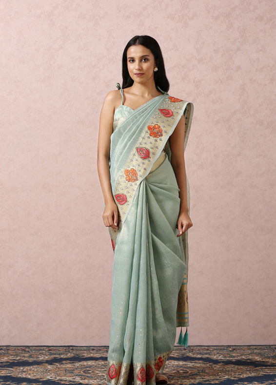 Mohey Women Light Blue Floral Chanderi Saree