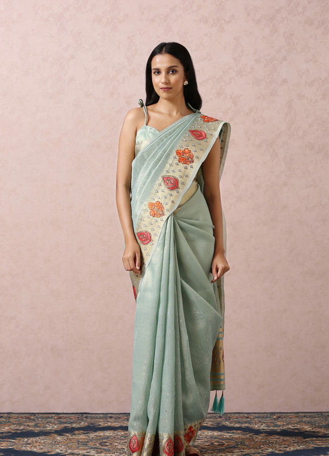 Mohey Women Light Blue Floral Chanderi Saree
