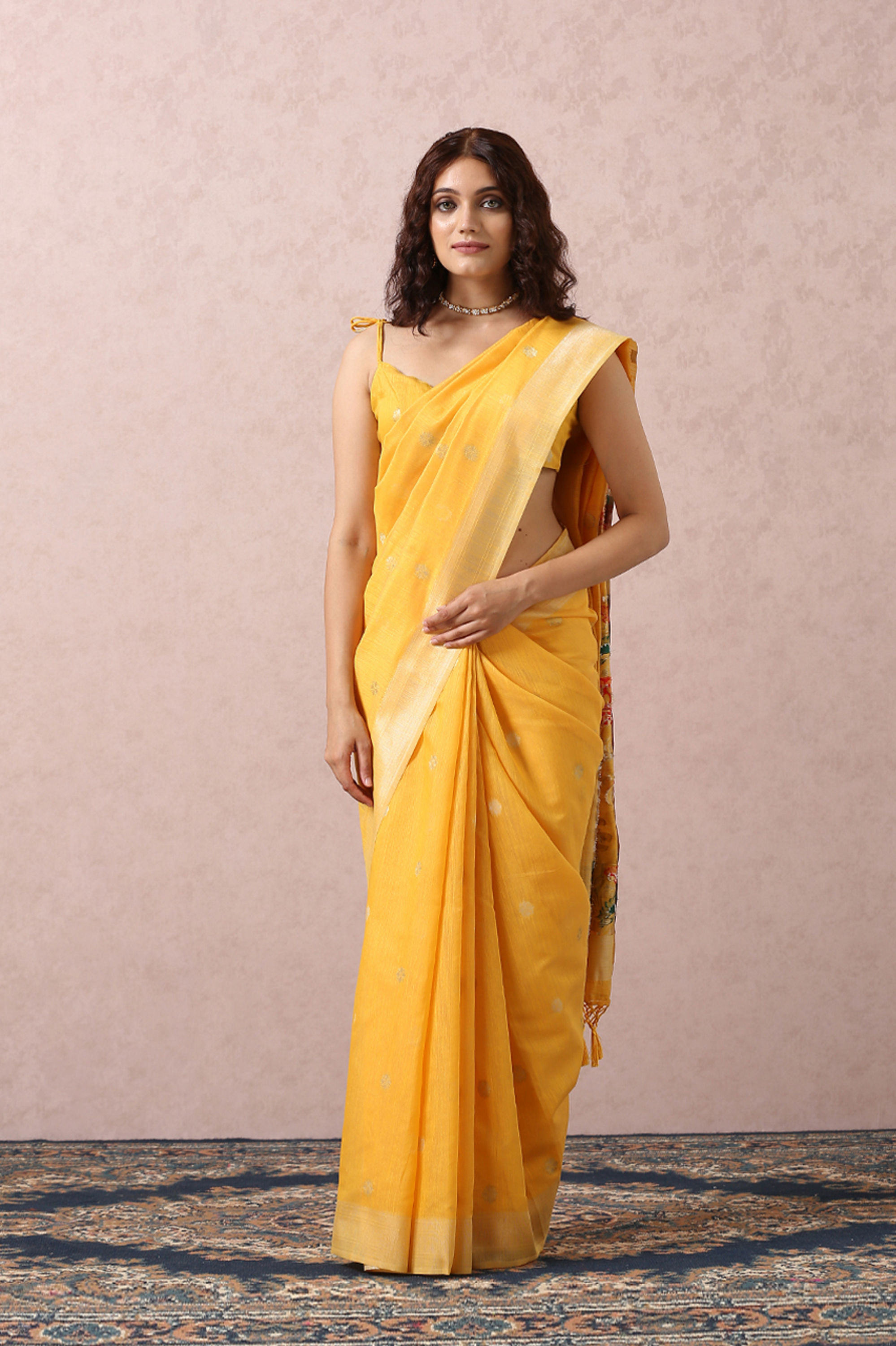 Mohey Women Yellow Floral Chanderi Saree