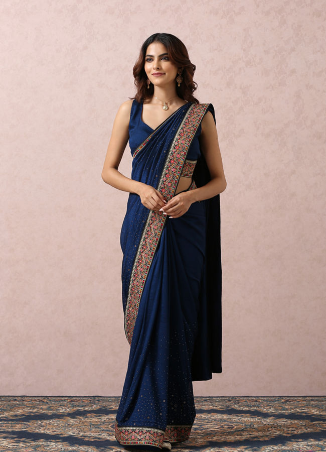 Indigo Blue Art Silk Saree With Multicoloured Border image number 0