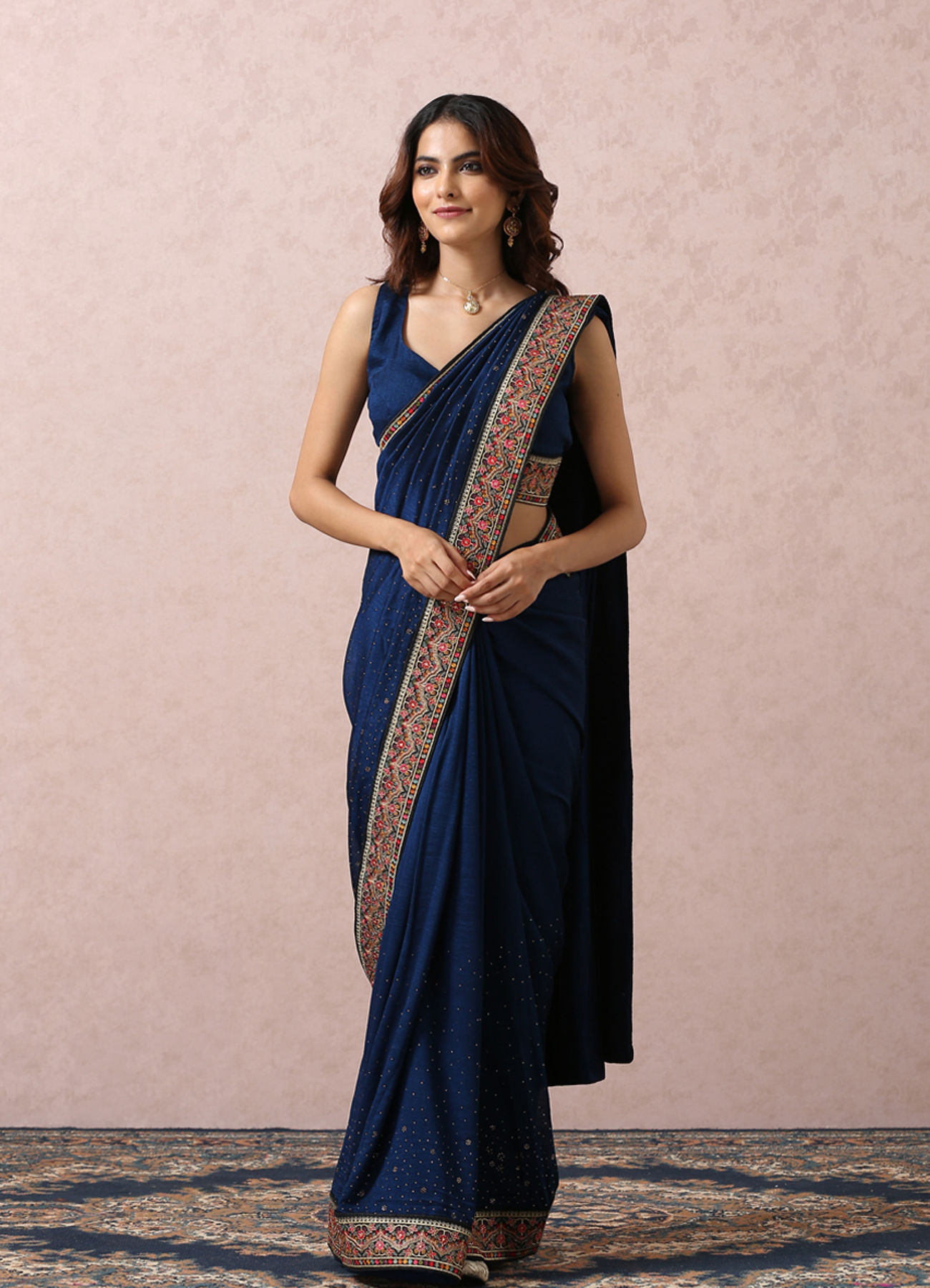 Mohey Women Indigo Blue Art Silk Saree With Multicoloured Border