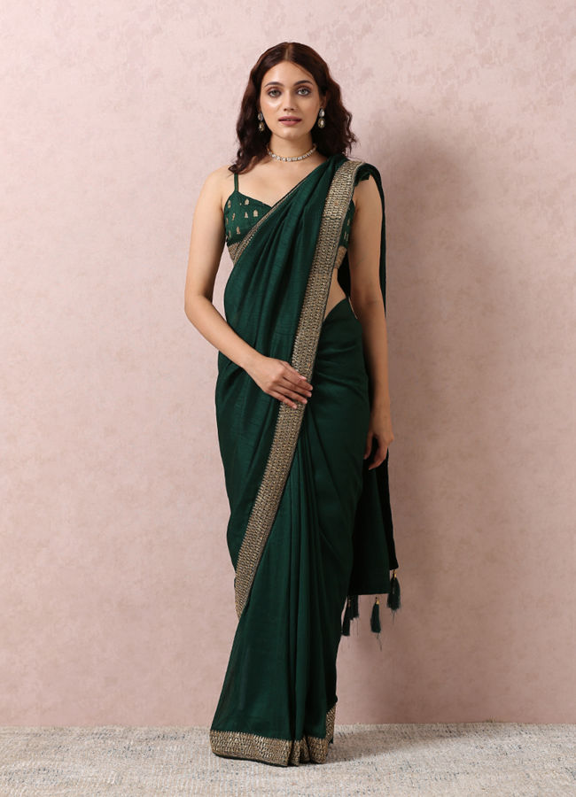 Buy Dark Green Art Silk Saree With Stone Border Online in India @Mohey ...