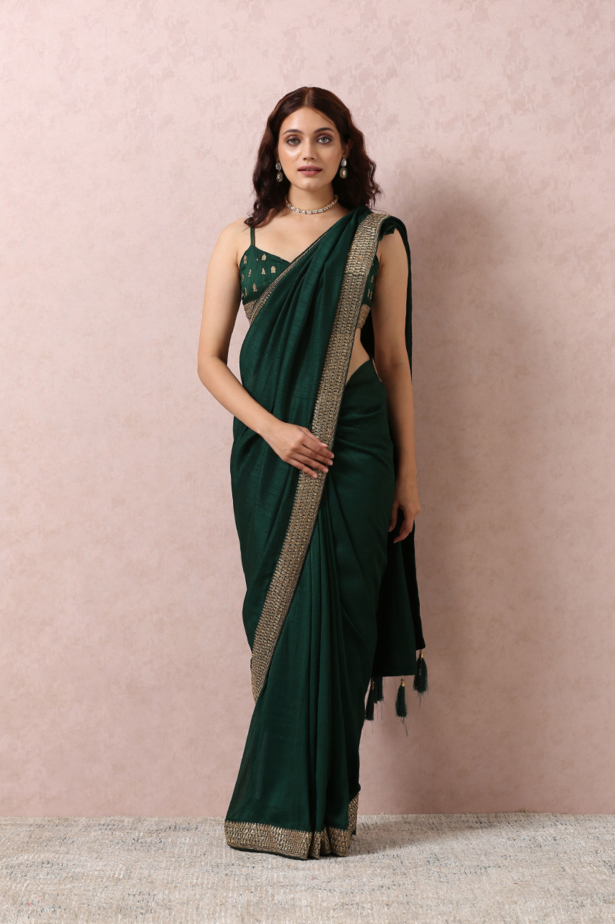 Mohey Women Dark Green Art Silk Saree With Stone Border