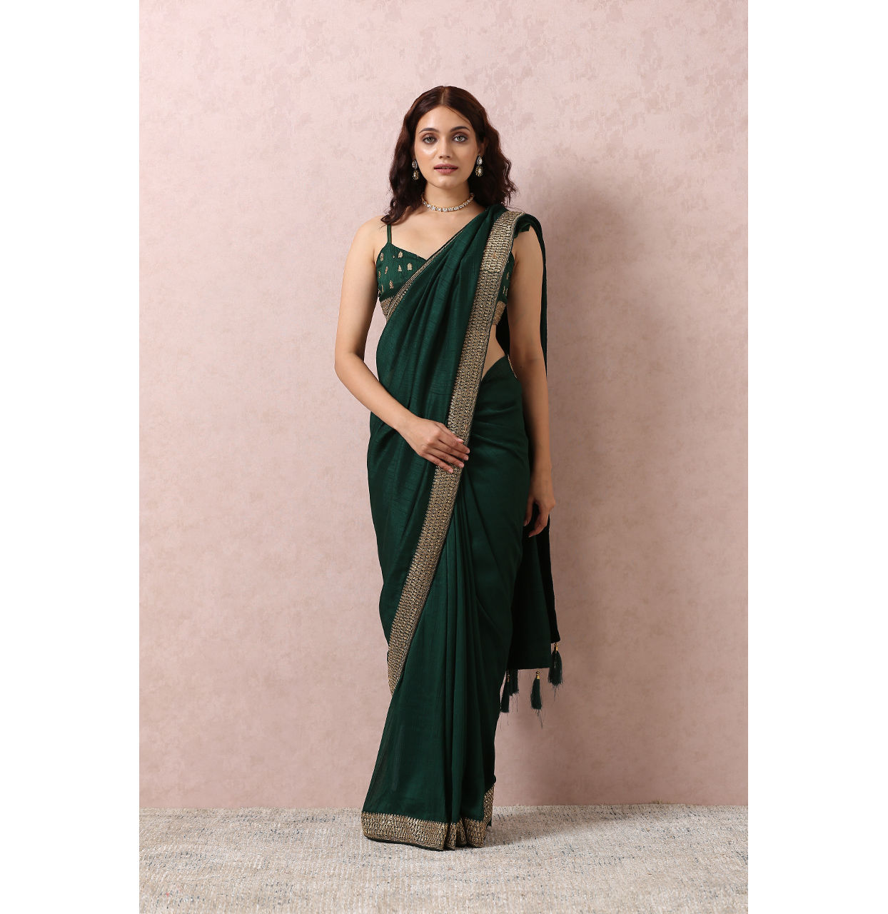 Mohey Women Dark Green Saree With Stone Border