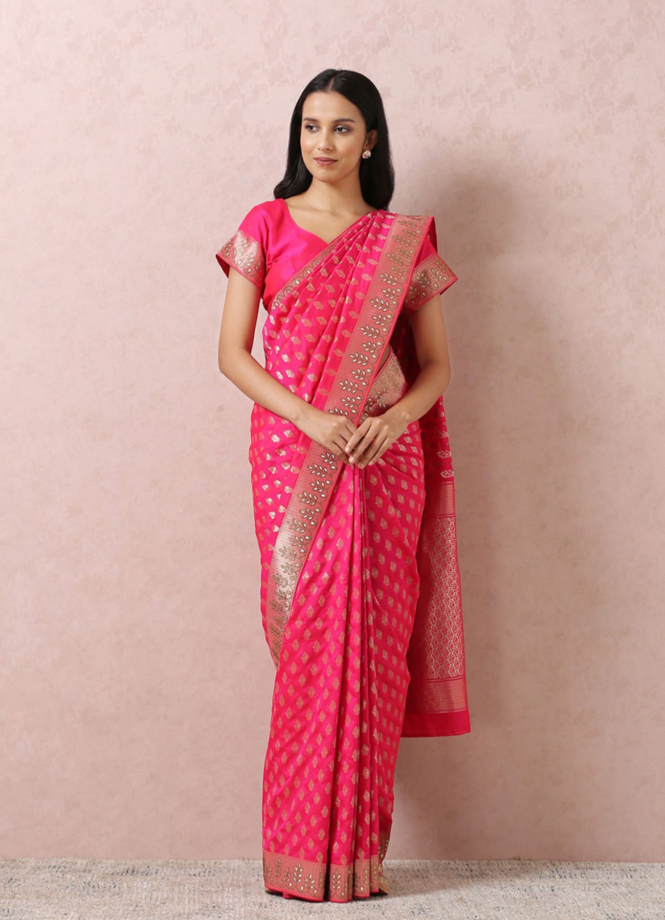 Mohey Women Rani Pink Bridal Saree With Mirror Border