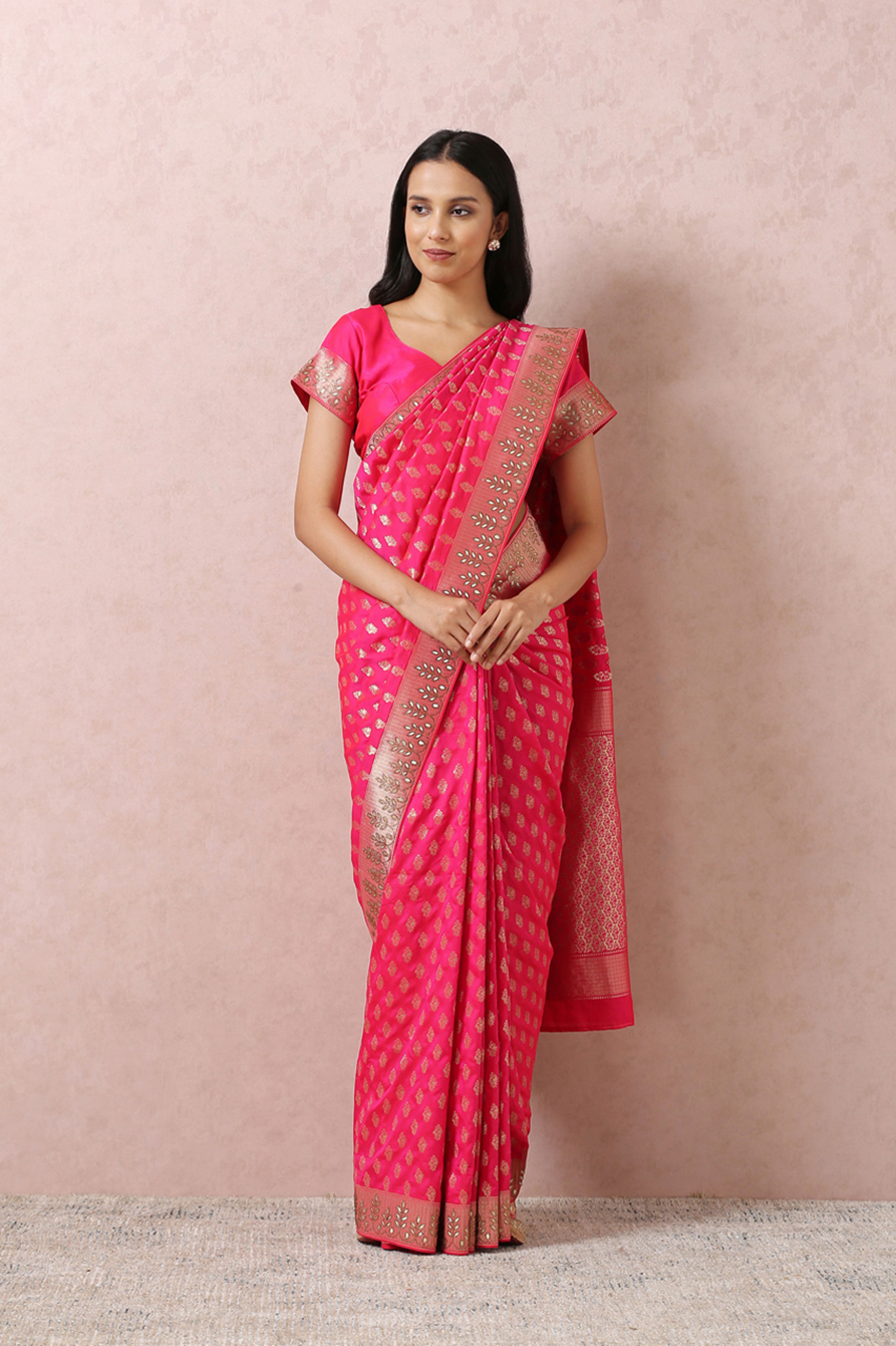 Mohey Women Rani Pink Bridal Saree With Mirror Border