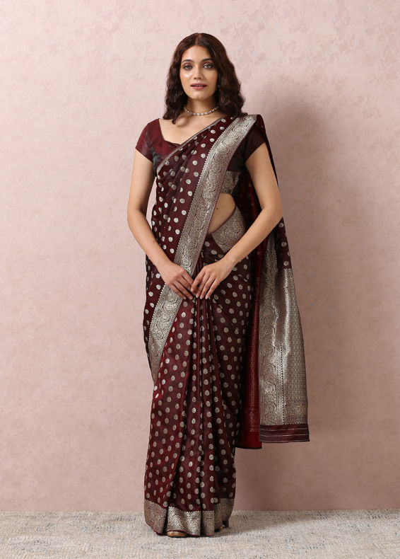 Mohey Women Maroon Art Silk Saree With Golden Motifs