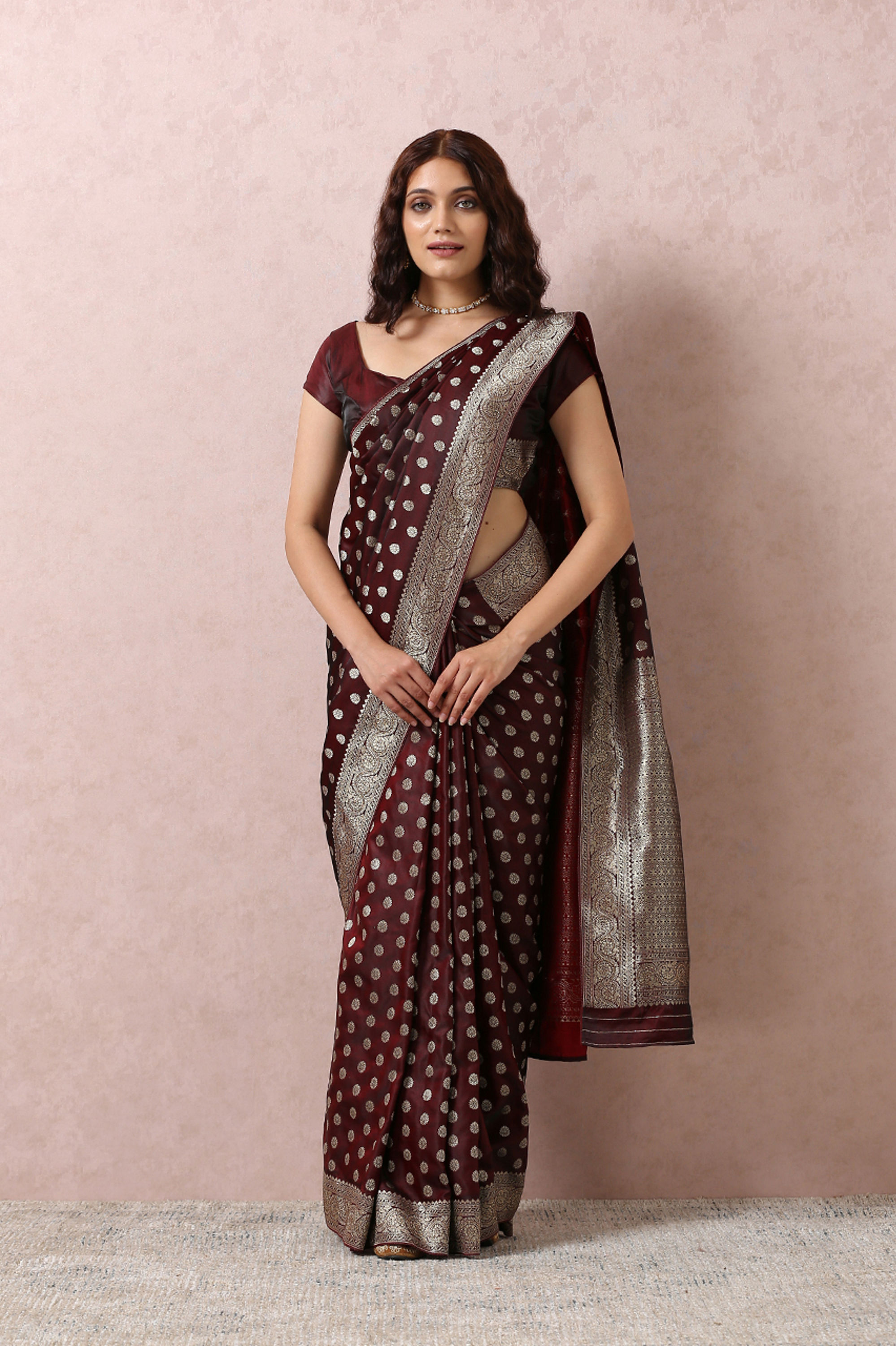 Mohey Women Maroon Art Silk Saree With Golden Motifs