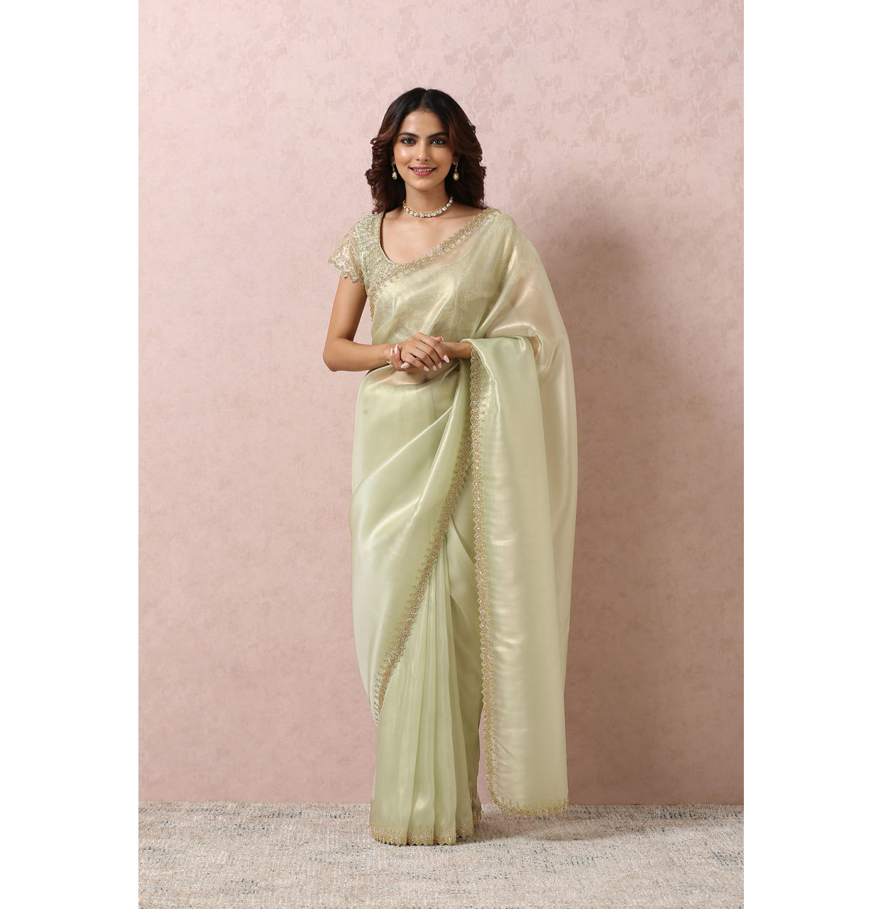 Pista Green Organza Saree With Stone Border image number 1