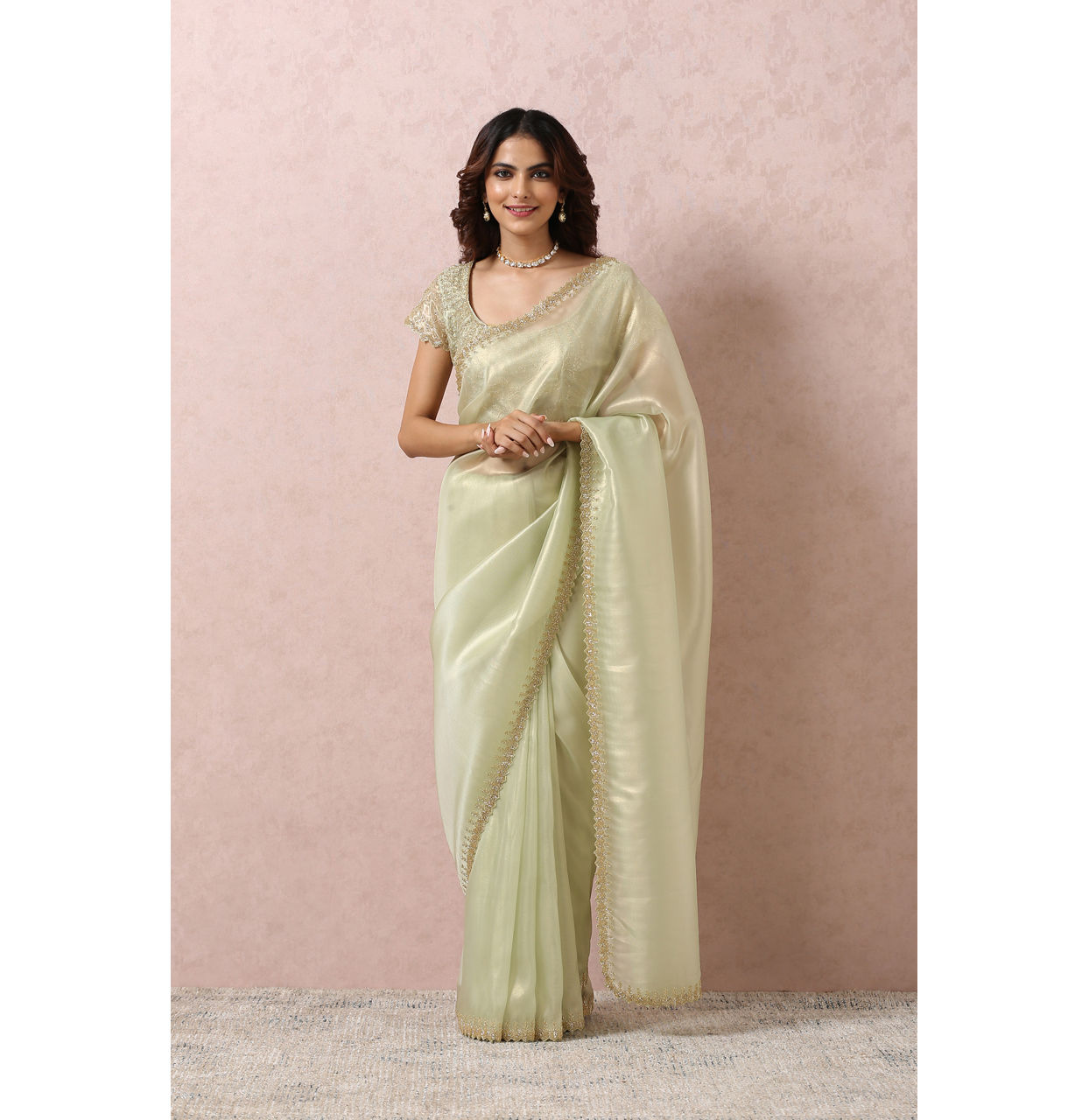 Buy Pista Green Organza Saree With Stone Border Online in India Mohey