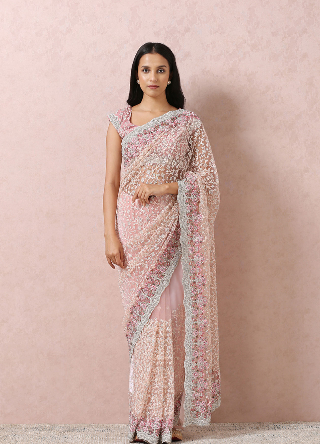 Mohey Women Light Pink Net Saree With Embroidery