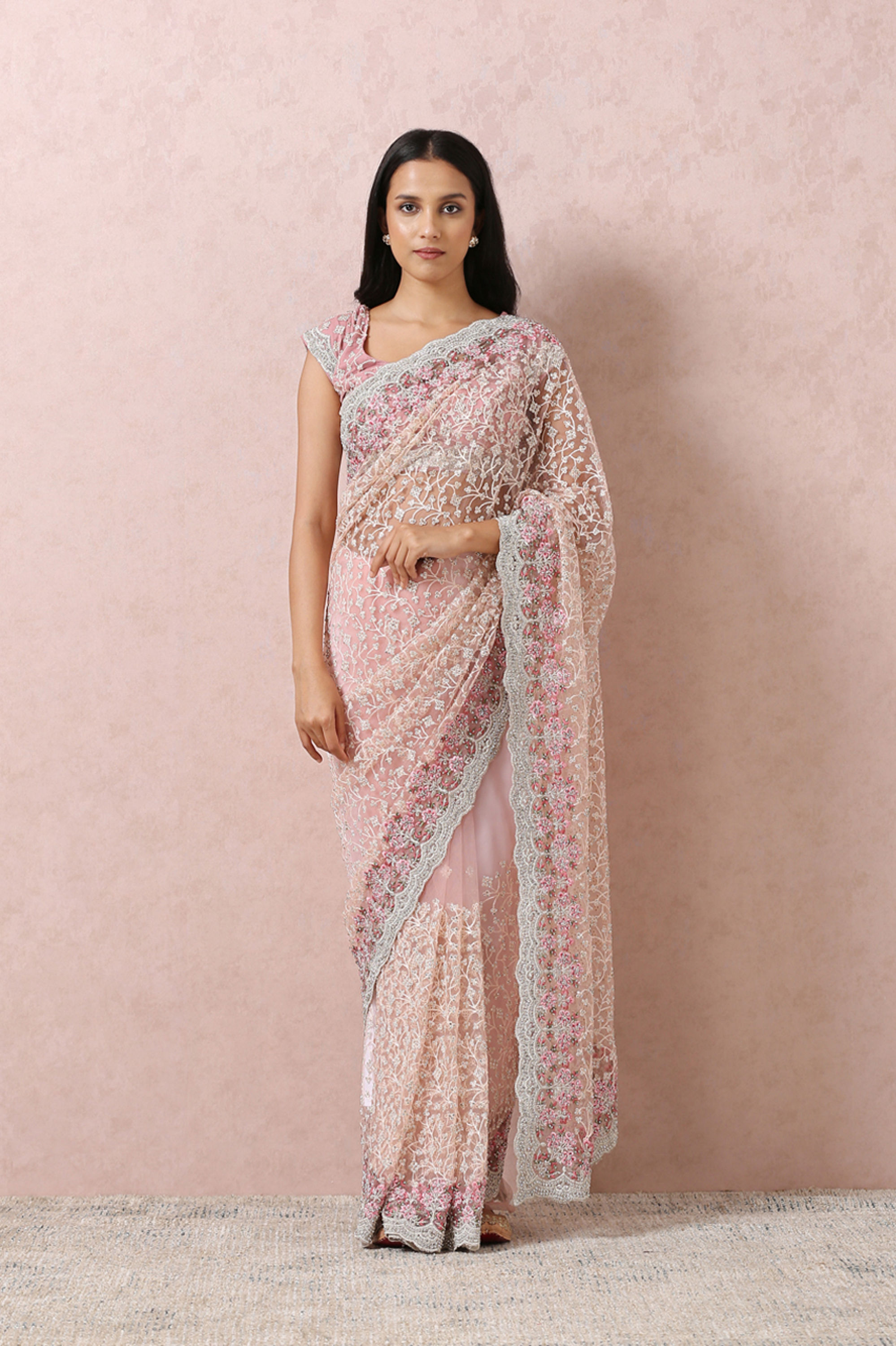 Mohey Women Light Pink Net Saree With Embroidery