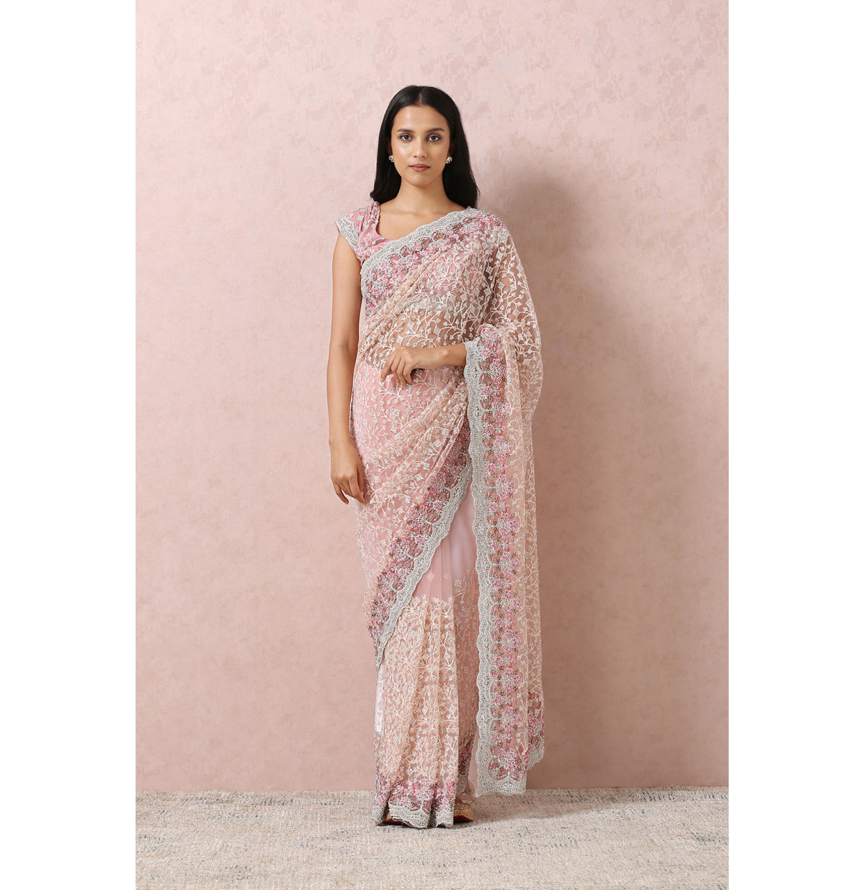 Light Pink Net Saree With Embroidery image number 0