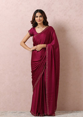 alt message - Mohey Women Wine Stone-Embellished Satin Saree image number 0