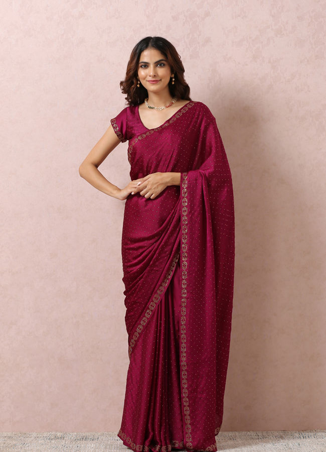 alt message - Mohey Women Wine Stone-Embellished Satin Saree image number 0