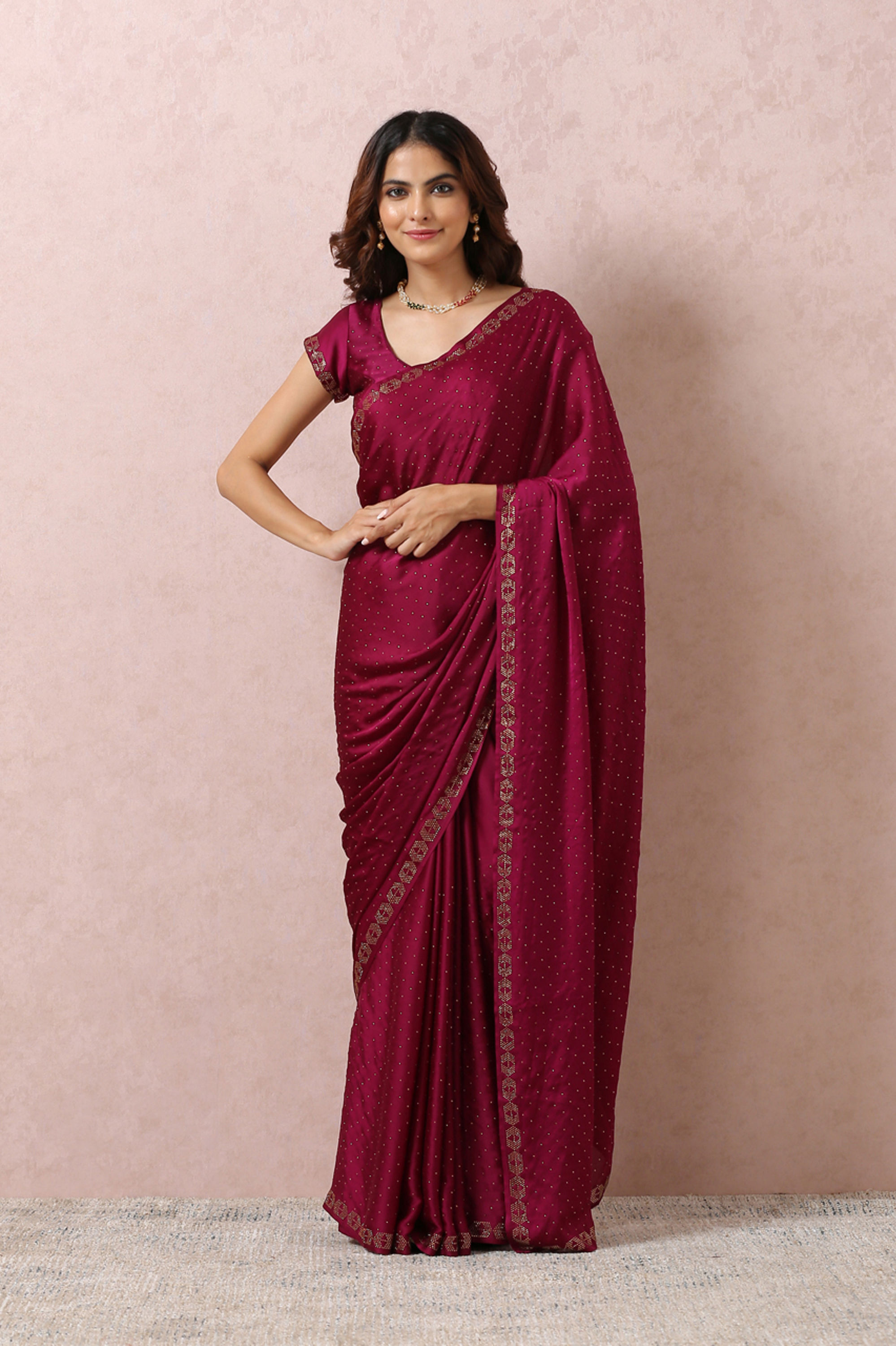 Mohey Women Wine Stone Embellished Satin Saree