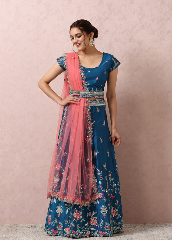 Mohey Women Teal Blue Embroidered Lehenga
